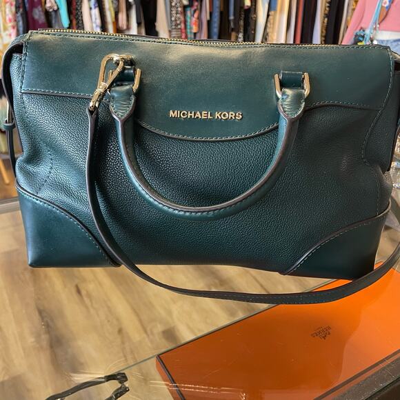 Michael Kors Maya Pebbled Leather Satchel Amazon Green - Picture 1 of 12